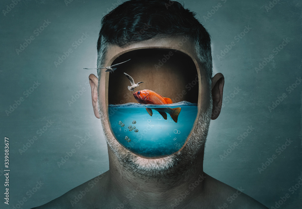Surreal portrait of man with cropped face filled with water with a fish inside on a blue background. Surreal image. Surrealism. - obrazy, fototapety, plakaty 
