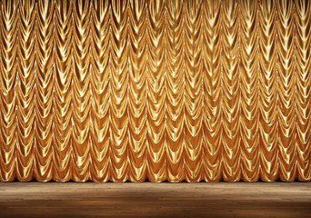 Wall Mural - golden curtains or drapes in theater. 3d illustration.