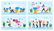 Employees Motivation, Internet Threat, Corporate Party Trendy Flat Vector Concepts Set. Procrastinating Programmer, User Fighting with Bug, Rescuing Computer from Virus, Dancing Coworkers Illustration