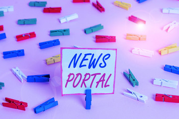 Wall Mural - Conceptual hand writing showing News Portal. Concept meaning designed website that brings information from diverse sources Colored clothespin papers empty reminder pink floor office