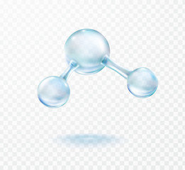 Molecule model isolated on transparent background. Blue molecular formula of water or glossy science bubbles pattern. Vector 3d medical sphere, biotechnology element..
