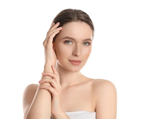 Wall Mural - Portrait of young woman with beautiful face on white background