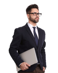 Sticker - Young businessman with laptop on white background