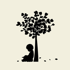 Vector background with children read a book under tree. Vector Illustration