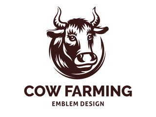 Wall Mural - head of a cow with horns - farming emblem, logo design, illustration
