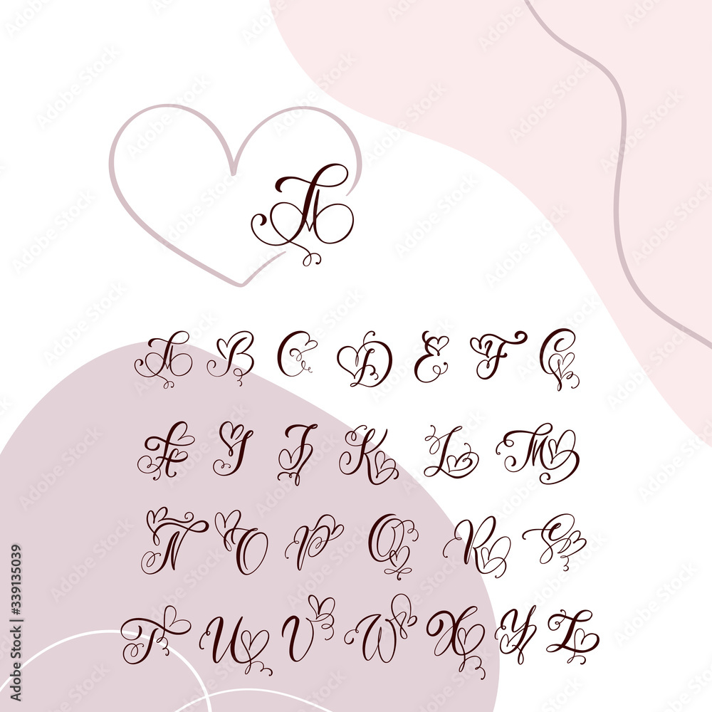 Vetor do Stock Handwritten heart calligraphy monogram alphabet. Valentine  Cursive font with flourishes heart font. Cute Isolated letters. For  postcard or poster decorative graphic design | Adobe Stock, image size:1000x1000
