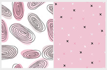 Simple Seamless Geometric Vector Patterns. Black And Pink Free Hand Irregular Circles Isolated On A White Background.Abstract Repeatable Print With Pink,White And Black Crosses On A Light Pink Layout.