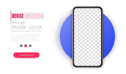 Aufkleber - Realistic smartphone mockup. Mobile phone blank, white. Device UI/UX mockup for presentation template. Smartphone isolated on modern blue circle blank screen. Mobile vector device concept.