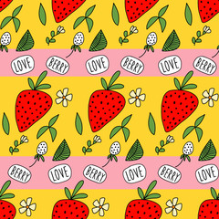 Wall Mural - Red and white strawberries on striped yellow background with text 