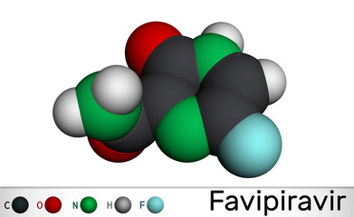 Wall Mural - Favipiravir, C5H4FN3O2 molecule. It is antiviral medication, has activity against RNA viruses, avian influenza, Ebola virus, Lassa virus, COVID-19. Molecular model