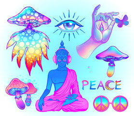 Psychedelic sticker set: trippy mushrooms, peace sign acid Buddha, butterflies, all-seeing eye mandala. Patch badges with stoned trippy drug elements in cartoon comic style. Pop art patches, pins.