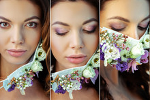 Collage Of Young Attractive Woman In Floral Face Mask