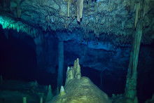 Underwater Cave Stalactites Landscape, Cave Diving, Yucatan Mexico, View In Cenote Under Water