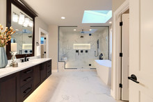 Luxury Modern Home Bathroom Interior With Dark Brown Cabinets, White Marble, Walk In Shower, Free Standing Tub.