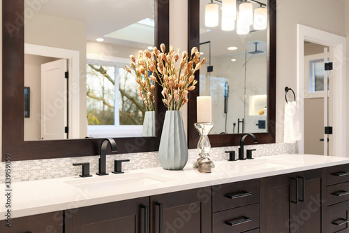 Luxury Modern Home Bathroom Interior With Dark Brown Cabinets White Marble Walk In Shower Free Standing Tub Buy This Stock Photo And Explore Similar Images At Adobe Stock Adobe Stock