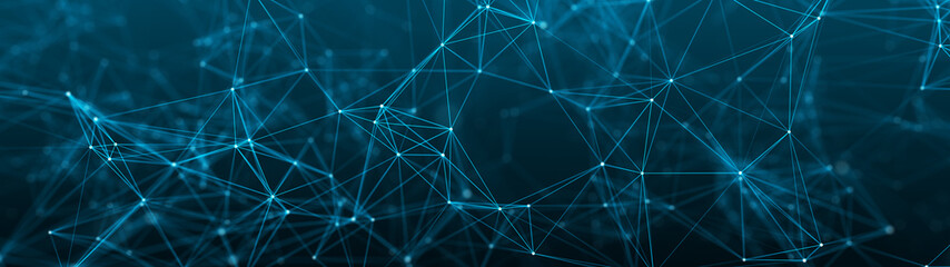 Digital plexus of glowing lines and dots. Abstract background. Ultra wide illustration. Network or connection. 3d rendering.