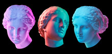 Statue Of Venus De Milo. Creative Concept Colorful Neon Image With Ancient Greek Sculpture Venus Or Aphrodite Head. Webpunk, Vaporwave And Surreal Art Style. Isolated On A Black.