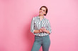 © deagreez - Portrait of positive cheerful girl use smart phone imagine many likes comments subscribers in her blog look copy space wear stylish outfit isolated over pink color background
