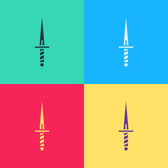 Sticker - Pop art Dagger icon isolated on color background. Knife icon. Sword with sharp blade.  Vector Illustration