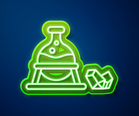 Glowing neon line Witch cauldron and magic stone icon isolated on blue background.  Vector Illustration