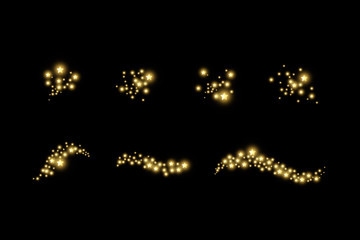 Wall Mural - Set of starry cloud with dust. The dust is yellow sparks and golden stars shine with special light. Vector sparkles on a black background. Christmas light effect. Sparkling magical dust particles