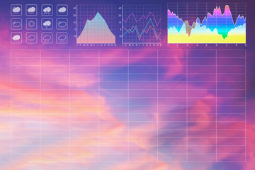 Wall Mural - weather forecast symbol data presentation with graph and chart on dramatic atmosphere panorama view 