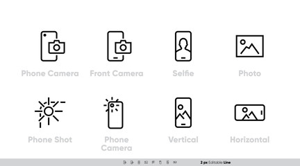 Wall Mural - Phone Camera, Front and Back Lens icon set. Selfie, Shot, Vertical, Horizontal Photo. Editable Line vector