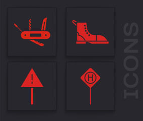 Sticker - set parking, swiss army knife, hiking boot and exclamation mark in triangle icon. vector