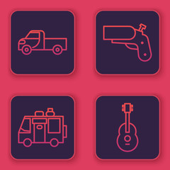 Wall Mural - Set line Pickup truck, Rv Camping trailer, Flare gun pistol and Guitar. Blue square button. Vector