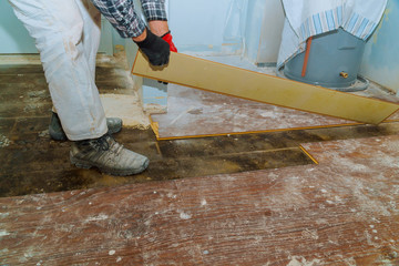 Wall Mural - Demolish of old wooden parquet floor with home renovation