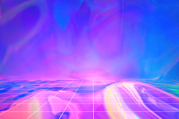 Fototapete - Blurred background in violet, pink and mint colors with perspective grid. Abstract holographic backdrop in 80s style. Retro futurism, webpunk. Surreal cyber space scene with copy space. 3D