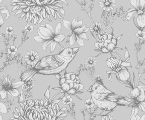  Vintage seamless pattern with flowers and little birds
