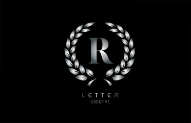 silver grey metal R alphabet letter logo icon with floral design for company and business