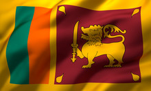 Flag Of Sri Lanka Blowing In The Wind. Full Page Sri Lankan Flying Flag. 3D Illustration.