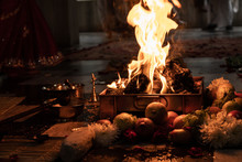 Indian Hindu Traditional Pooja. Vedic Fire Ceremony Called Yagya. Indian Wedding Of Vivah Yagya. Items For The Indian Yajna Ritual. The Place Of Traditional Vedic Sacrifice Yagyashala