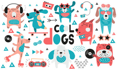 Wall Mural - Cool dogs collection. Hand drawn. Doodle cartoon disco dogs for nursery posters, cards, kids t-shirts. Vector illustration.