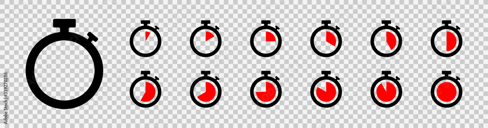 Set of timer icon set. Countdown timers. Stopwatch symbol on a transparent background. Vector - obrazy, fototapety, plakaty 