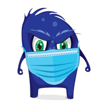 Blue Monster With Face Mask. Blue Virus, Bacteria On White. Vector Illustration
