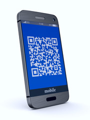 Sticker - phone with QR code on white background. Isolated 3D illustration