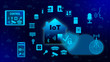 © Marco - IOT at home. House surrounded by icons of home IOT devices. Illustration concept white on blue background