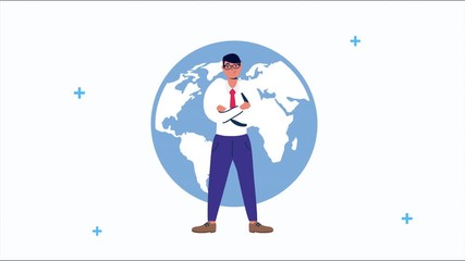 Sticker - businessman with earth planet animation