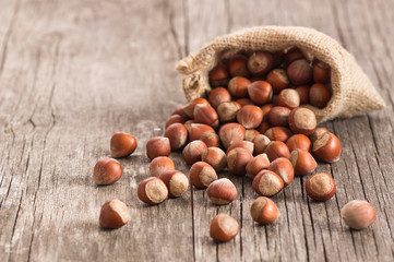 Wall Mural - Hazelnuts, filbert in burlap sack on rustic wooden table. heap or stack of hazel nuts. Hazelnut background, healty food