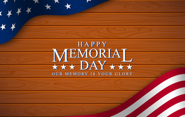 Wall Mural - Memorial day with, vector image, poster and banner for the holiday and sales day. American flag on the background of a wooden board with the inscription.