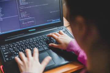 Young caucasian girl in pink sweater at computer while studying online programming at home near the window