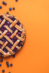 Blueberry lattice tart above view. Homemade fruits pie