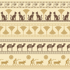 A seamless pattern based on the symbols of ancient Egypt. Cats, lotus flowers, camels, buffaloes and more