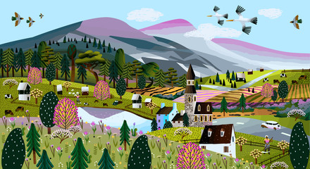 Wall Mural - Nature. Vector illustration of a summer and spring landscape, mountains, trees, forest, houses, church, chapel and village. Drawing of a European village and a village for a poster or background 