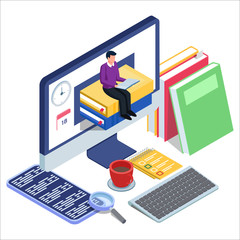 Male reading and sit on books block in the computer. E-learning concept with isometric illustration. Computer with smartphone, books, keyboard, cup, loop, notebook. Vector