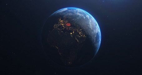 Wall Mural - romania map from outer space, red highlight planet earth technology, 3d illustration, elements of th
