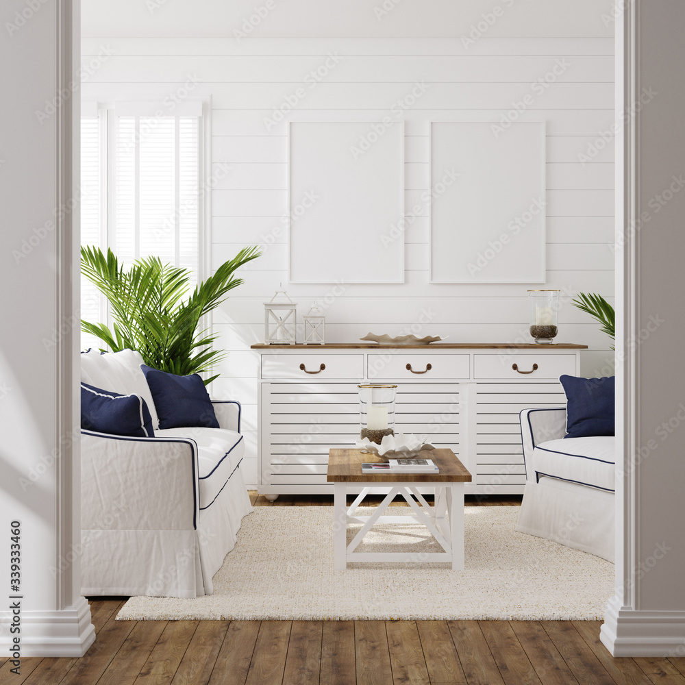 Hampton style living room interior with frame mockup, 3d render - obrazy, fototapety, plakaty 